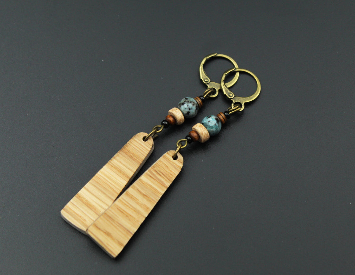 Oak Wood Earrings – Light Veneer Earrings with Stone & Ceramic Beads – view 6
