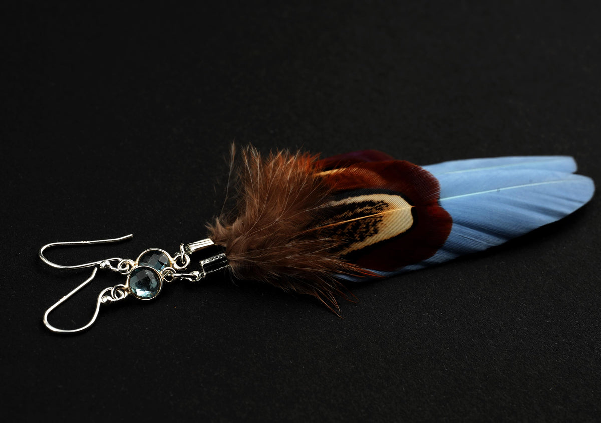 Blaue Federohrringe mit facettiertem Kyanit in 925 Silber, Gänsefeder und Wildfasanfeder – handgemacht von Fimonacci Artifacts – Ansicht 2