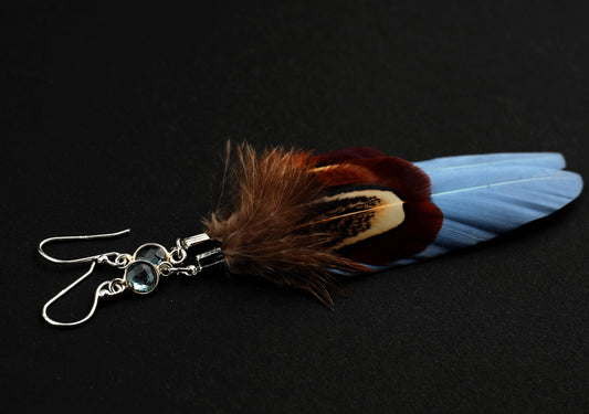 Blaue Federohrringe mit facettiertem Kyanit in 925 Silber, Gänsefeder und Wildfasanfeder – handgemacht von Fimonacci Artifacts – Ansicht 2