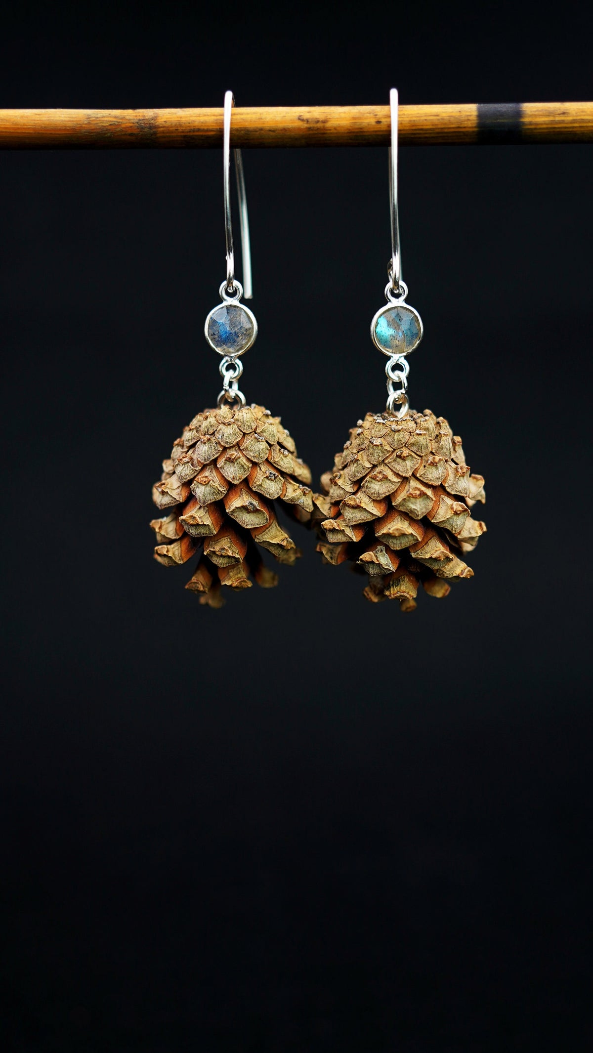 Pine Cone Earrings with Labradorite in 925 Silver – Small Drop Earrings – view 4