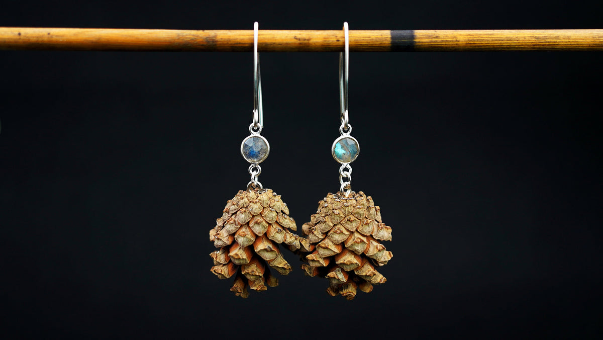 Pine Cone Earrings with Labradorite in 925 Silver – Small Drop Earrings – view 5