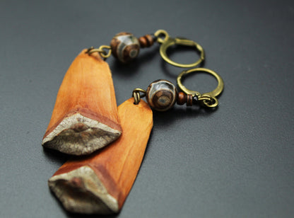 Pine Cone Scale Earrings with Brown Dzi Bead & Shell
