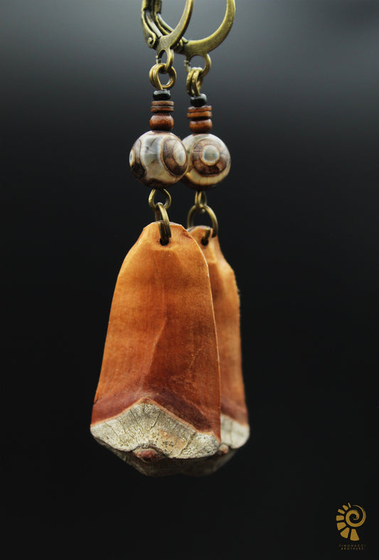 Pine Cone Scale Earrings with Brown Dzi Bead & Shell – view 2