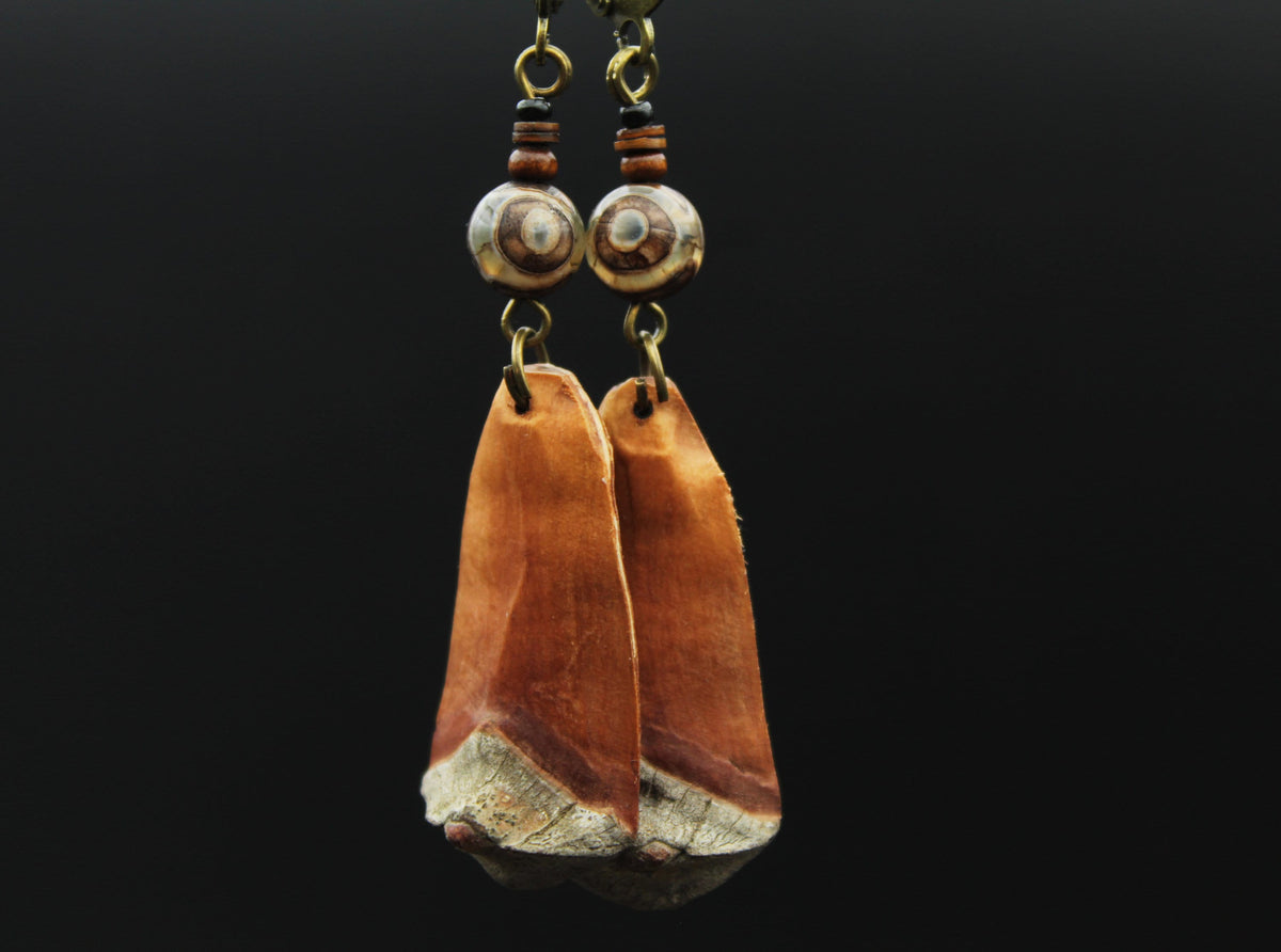 Pine Cone Scale Earrings with Brown Dzi Bead & Shell – view 3