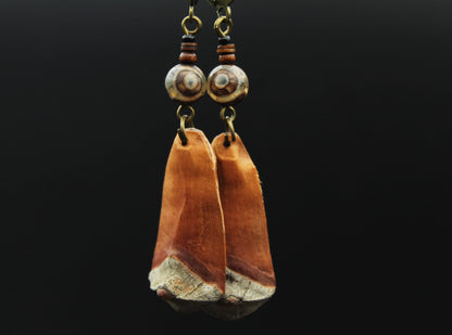 Pine Cone Scale Earrings with Brown Dzi Bead & Shell – view 3