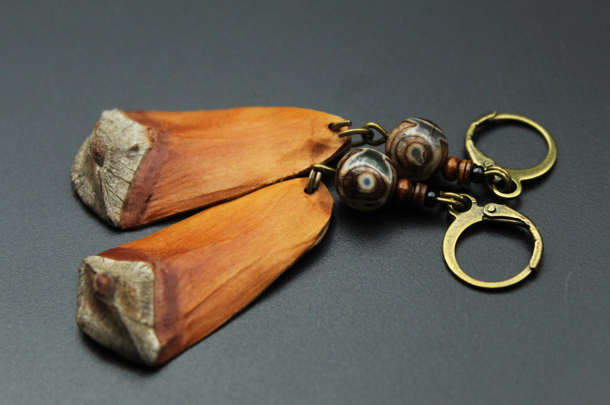 Pine Cone Scale Earrings with Brown Dzi Bead & Shell – view 4