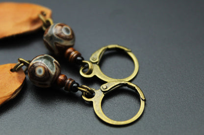 Pine Cone Scale Earrings with Brown Dzi Bead & Shell – view 5