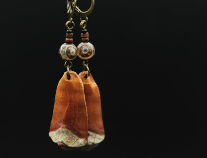 Pine Cone Scale Earrings with Brown Dzi Bead & Shell – view 6