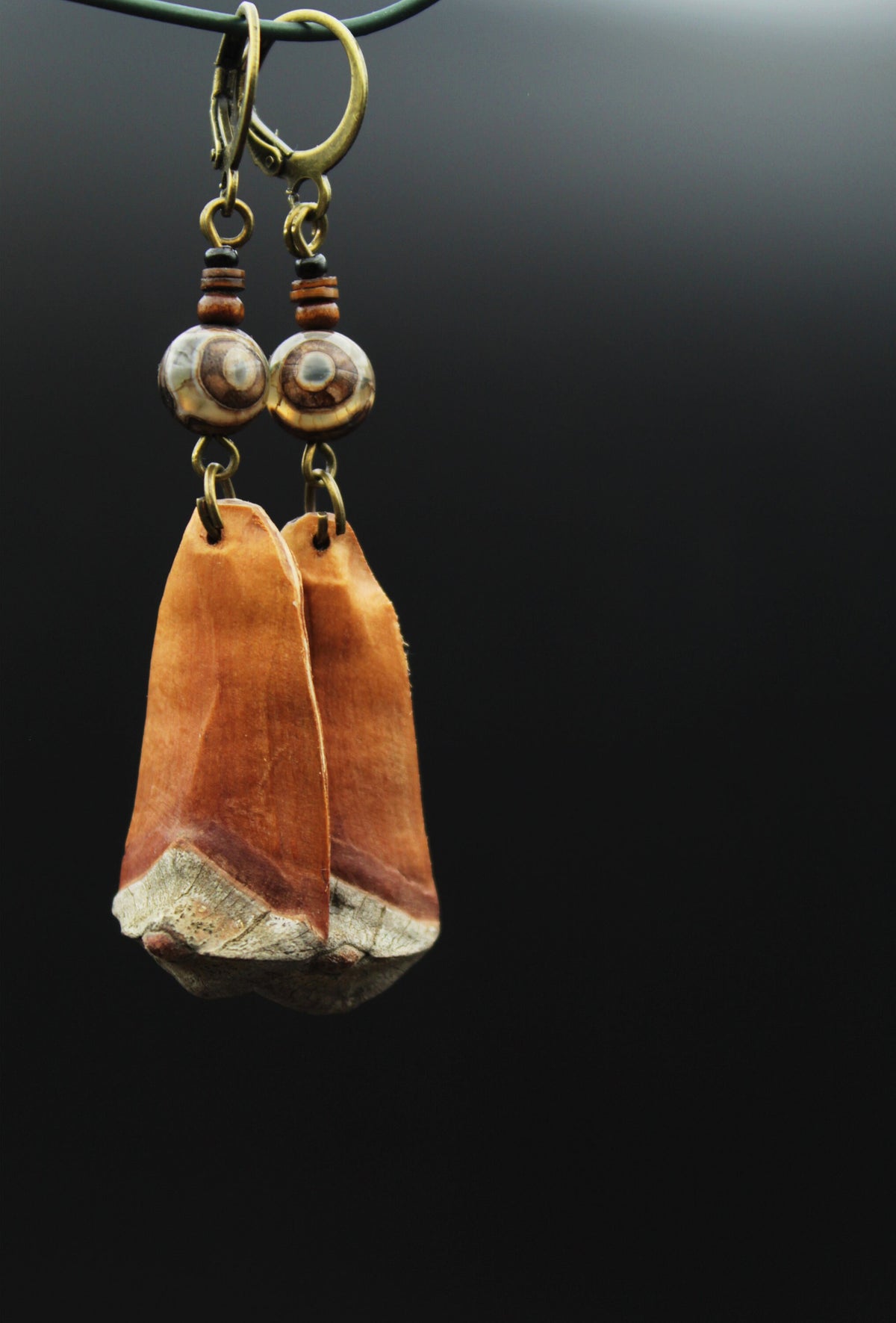 Pine Cone Scale Earrings with Brown Dzi Bead & Shell – view 7