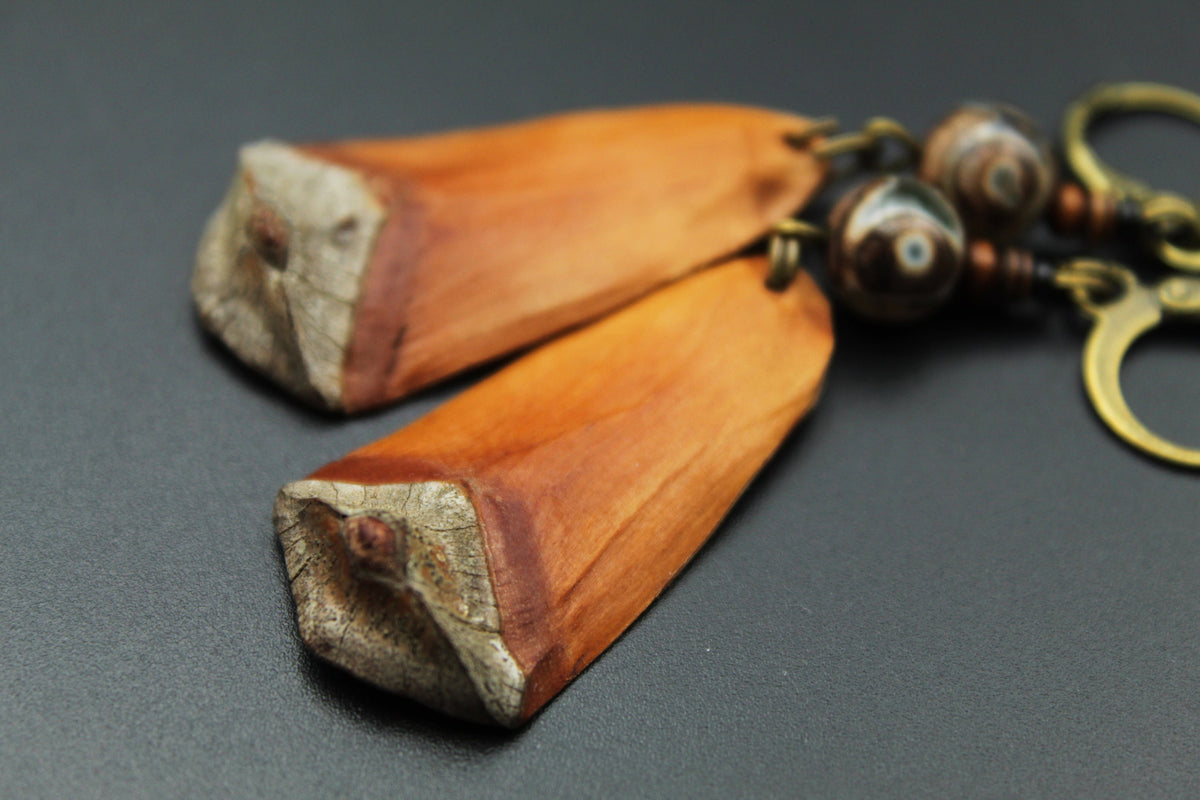 Pine Cone Scale Earrings with Brown Dzi Bead & Shell – view 8