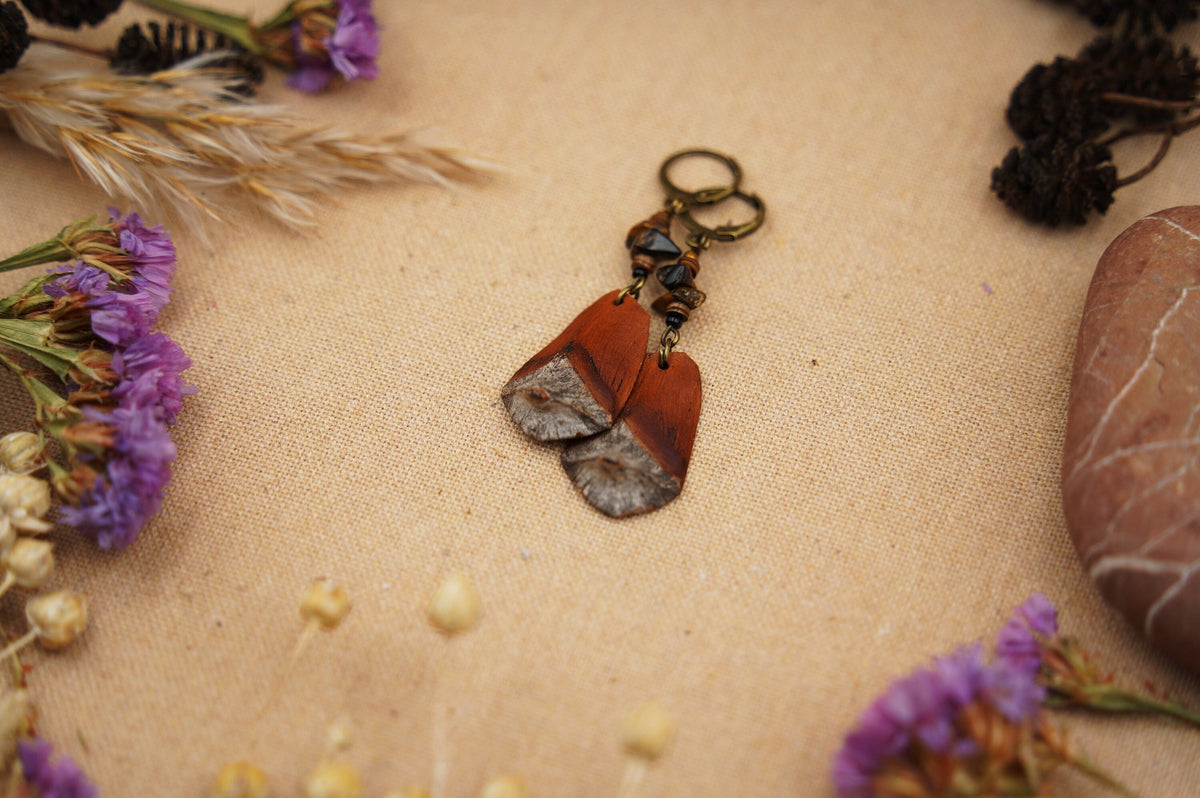 Pine Cone Scale Earrings with Bronze & Wooden Beads – Bohemian Style