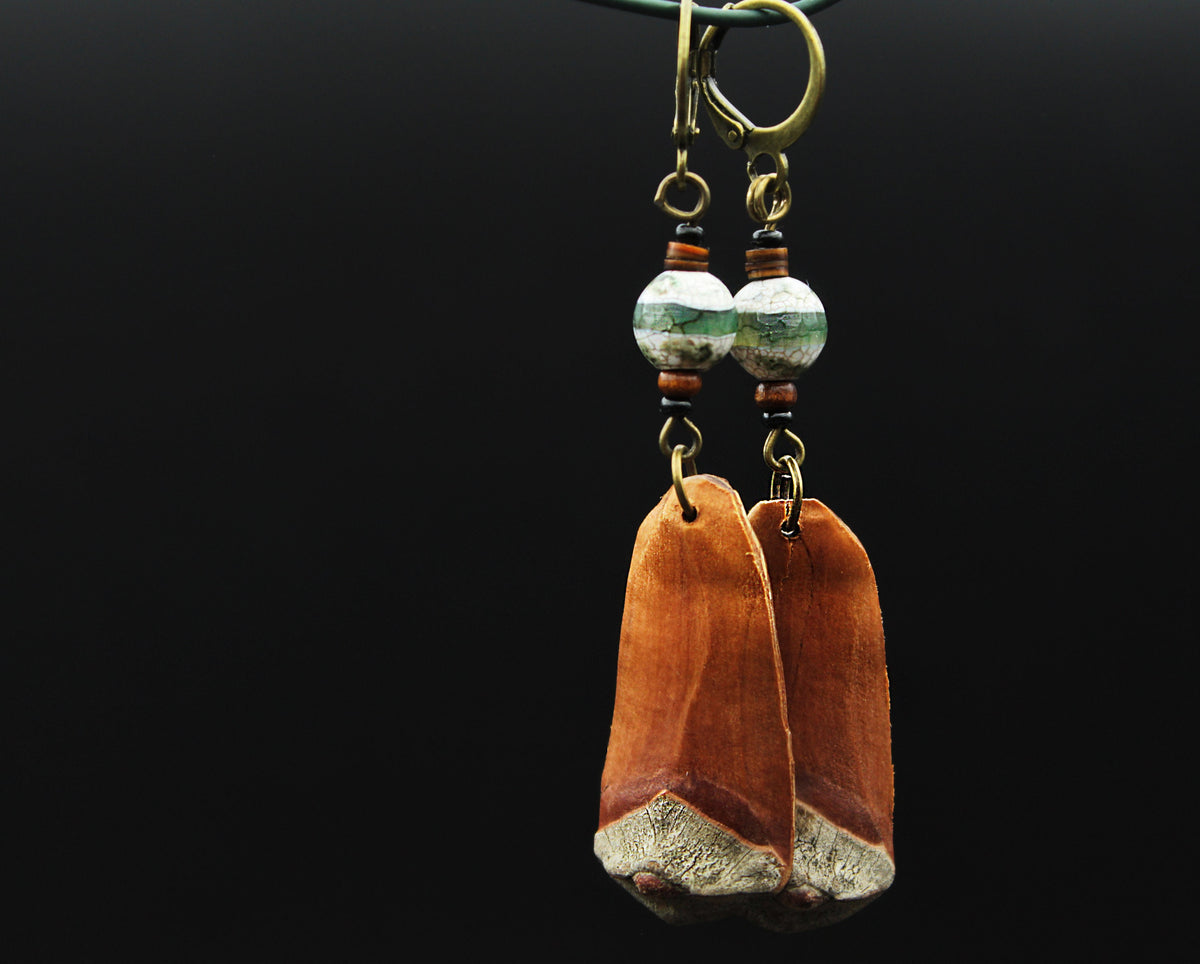 Pine Cone Scale Earrings with Dzi Bead – Wooden Jewellery, 3 Sizes