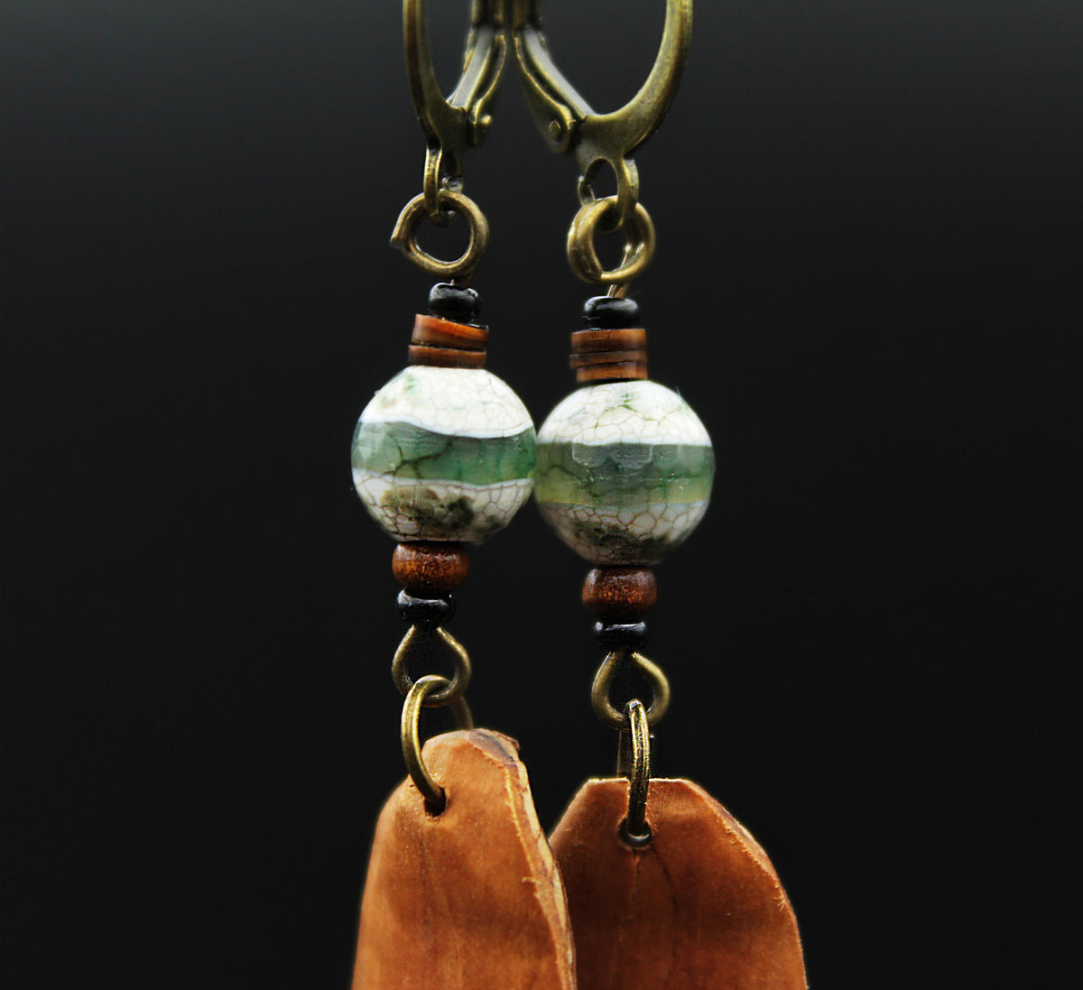 Pine Cone Scale Earrings with Dzi Bead – Wooden Jewellery, 3 Sizes – view 2