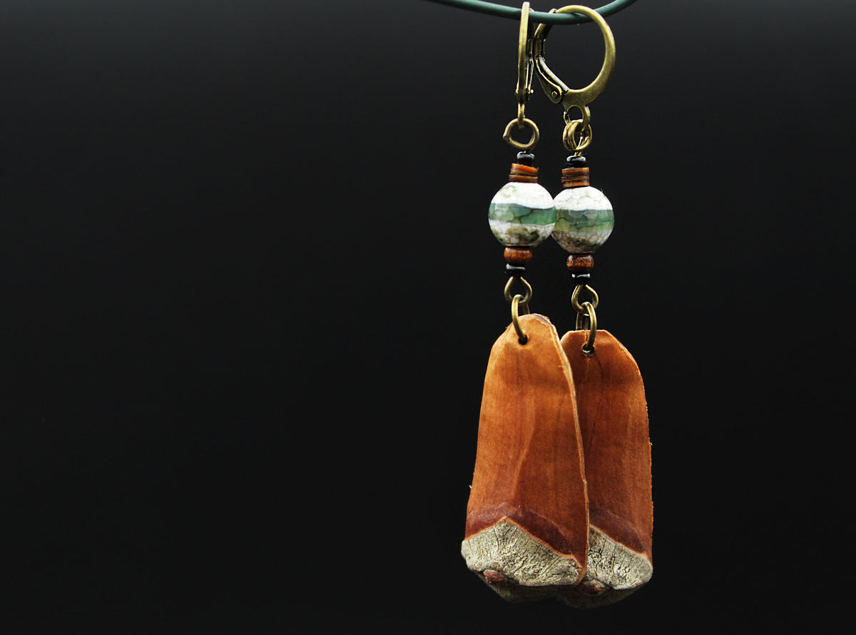 Pine Cone Scale Earrings with Dzi Bead – Wooden Jewellery, 3 Sizes – view 3