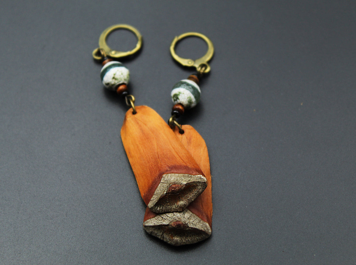 Pine Cone Scale Earrings with Dzi Bead – Wooden Jewellery, 3 Sizes – view 4