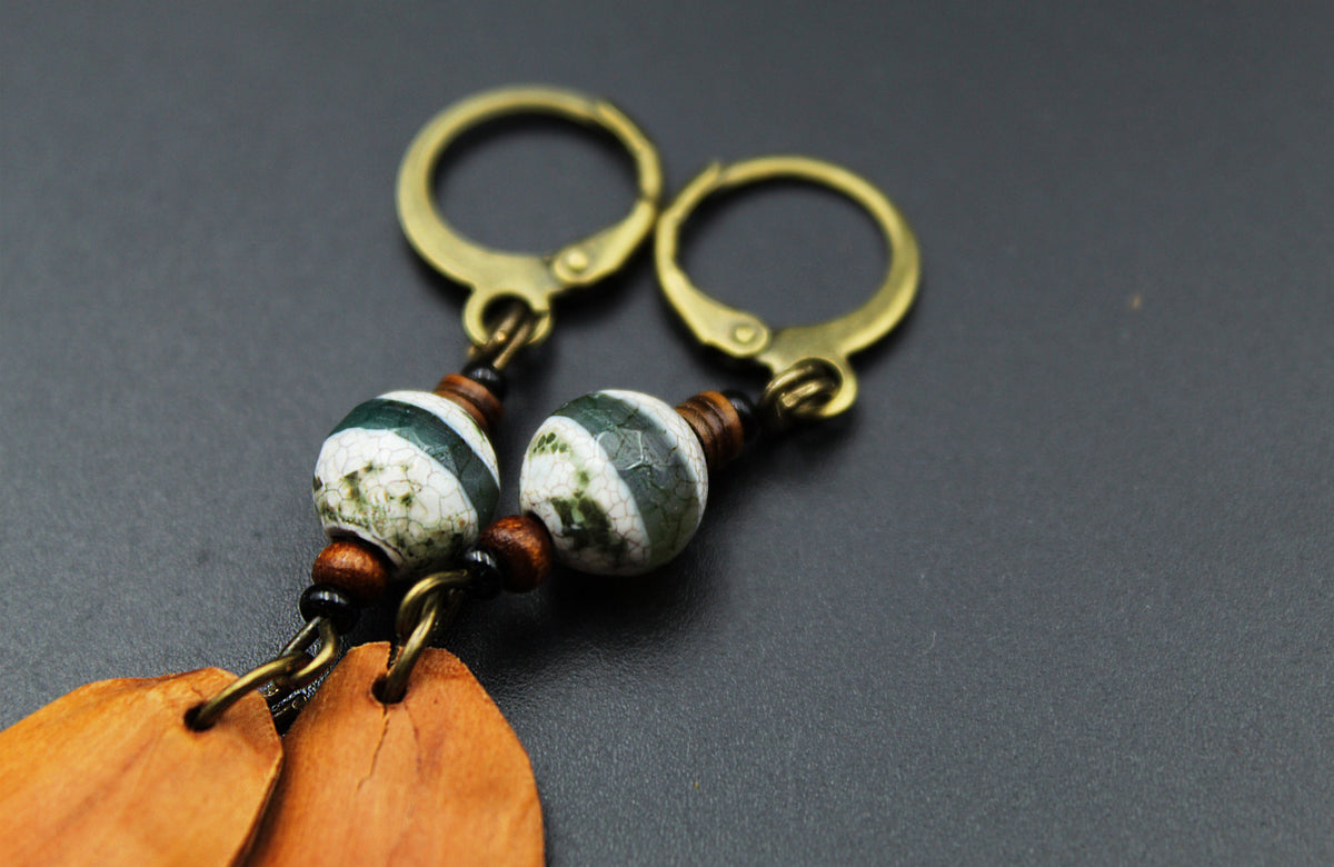 Pine Cone Scale Earrings with Dzi Bead – Wooden Jewellery, 3 Sizes – view 5