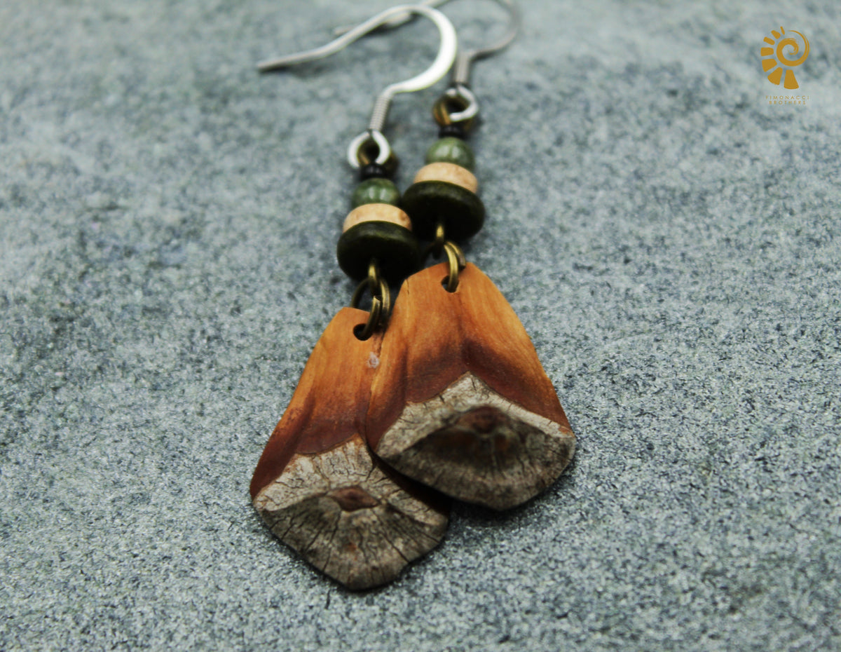 Pine Cone Scale Earrings with Grey-Green & Wooden Beads – Silver Hooks – view 2