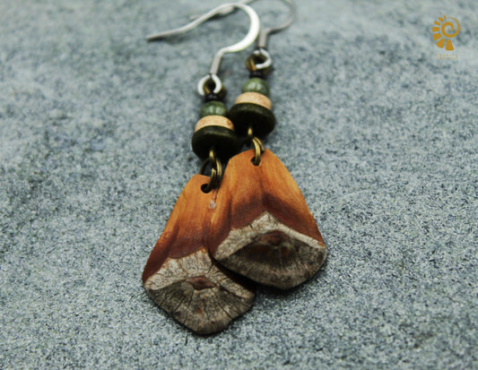 Pine Cone Scale Earrings with Grey-Green & Wooden Beads – Silver Hooks – view 2