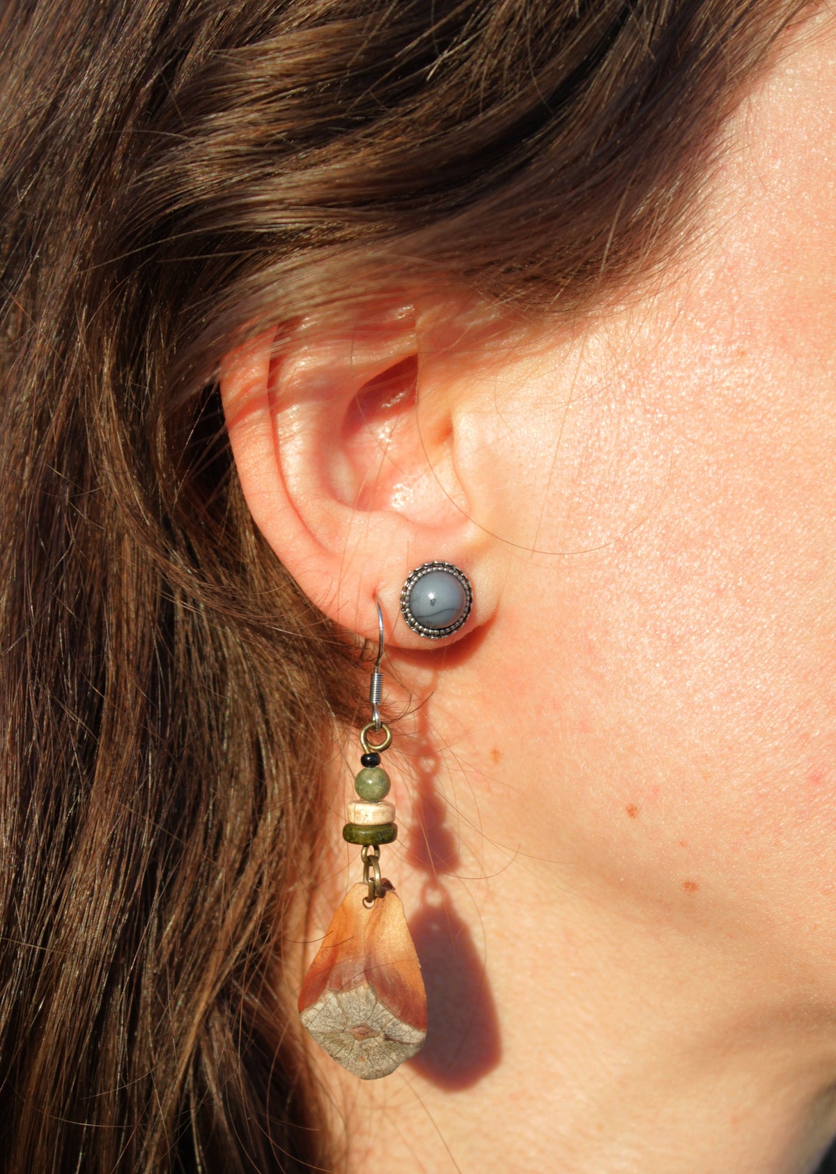 Pine Cone Scale Earrings with Grey-Green & Wooden Beads – Silver Hooks – view 3