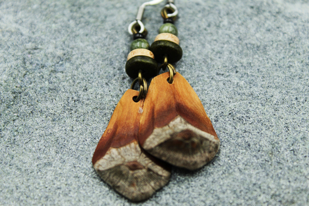 Pine Cone Scale Earrings with Grey-Green & Wooden Beads – Silver Hooks – view 4