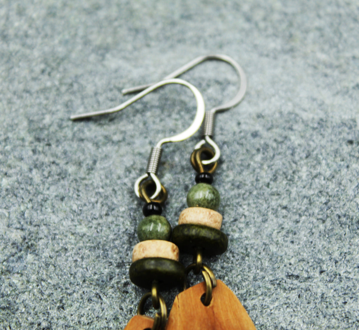 Pine Cone Scale Earrings with Grey-Green & Wooden Beads – Silver Hooks – view 5