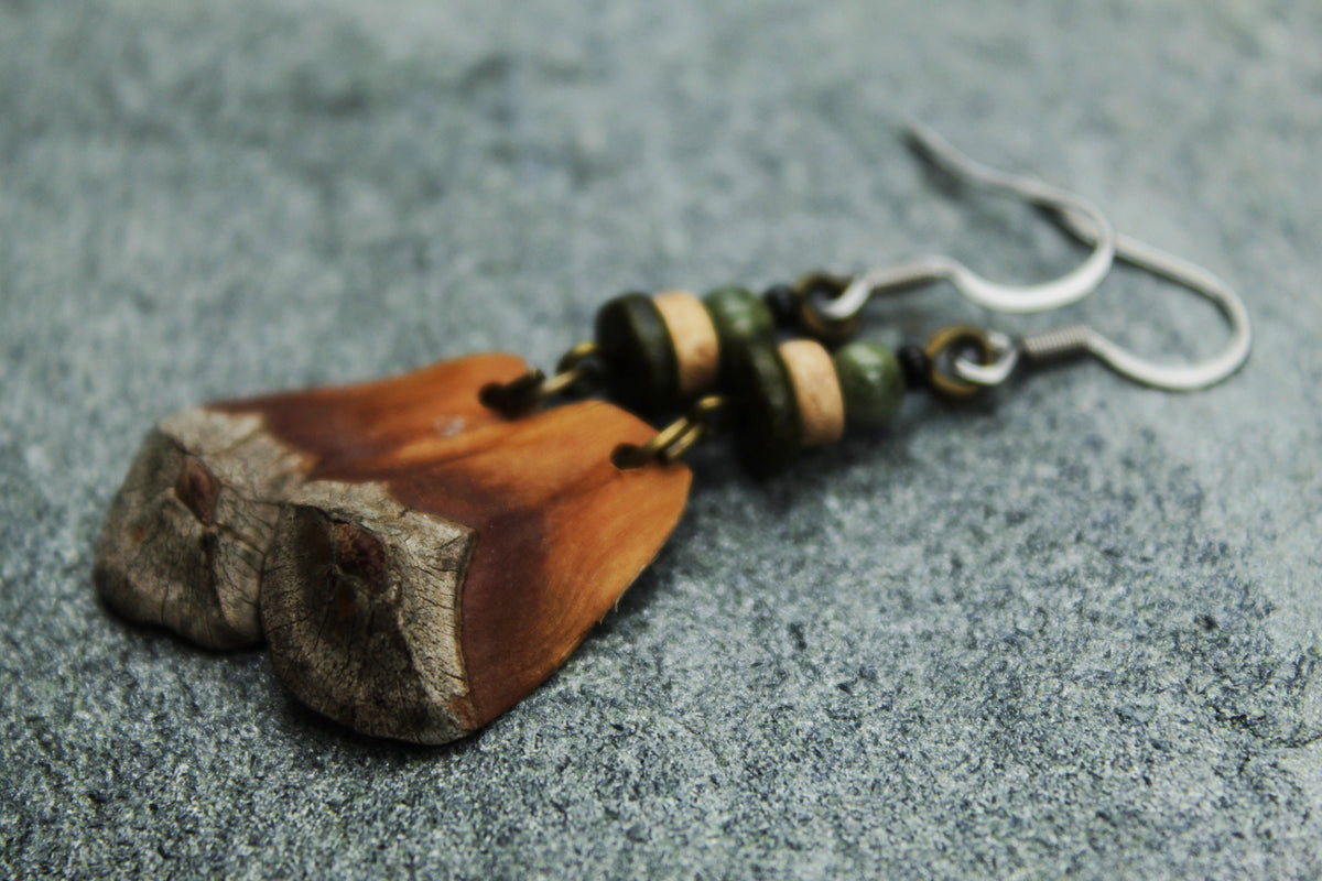 Pine Cone Scale Earrings with Grey-Green & Wooden Beads – Silver Hooks – view 6