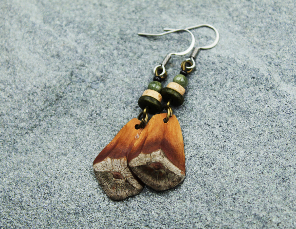 Pine Cone Scale Earrings with Grey-Green & Wooden Beads – Silver Hooks – view 7