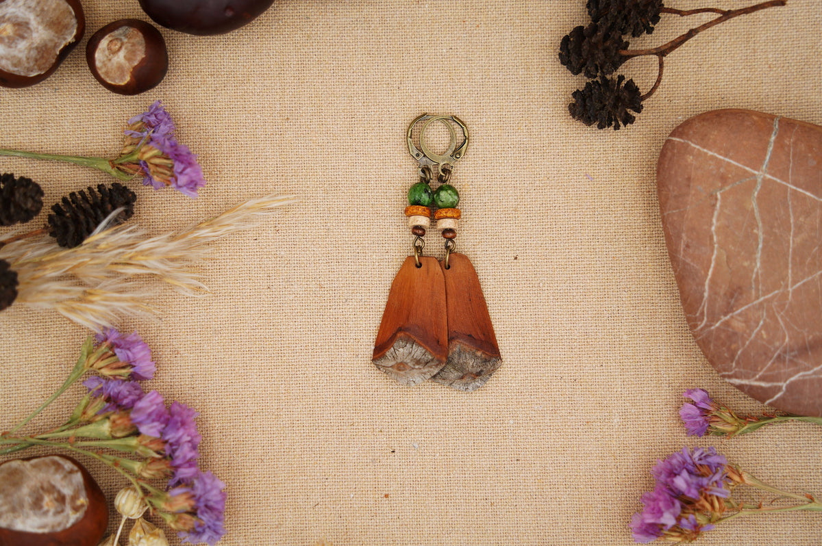 Pine Cone Scale Earrings with Green & Orange Beads