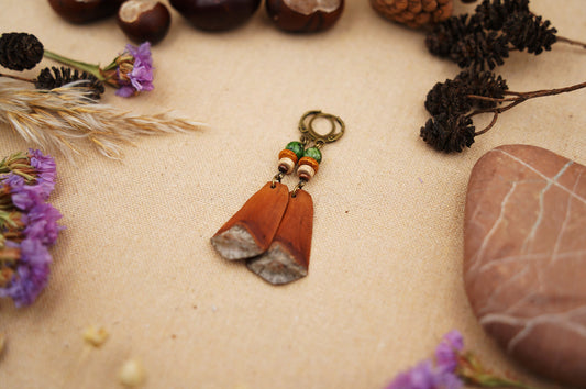 Pine Cone Scale Earrings with Green & Orange Beads – view 2