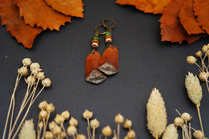 Pine Cone Scale Earrings with Green & Orange Beads – view 3