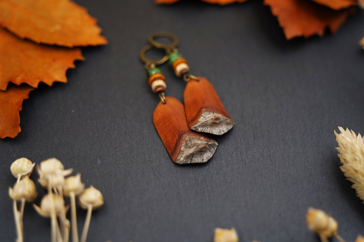 Pine Cone Scale Earrings with Green & Orange Beads – view 4