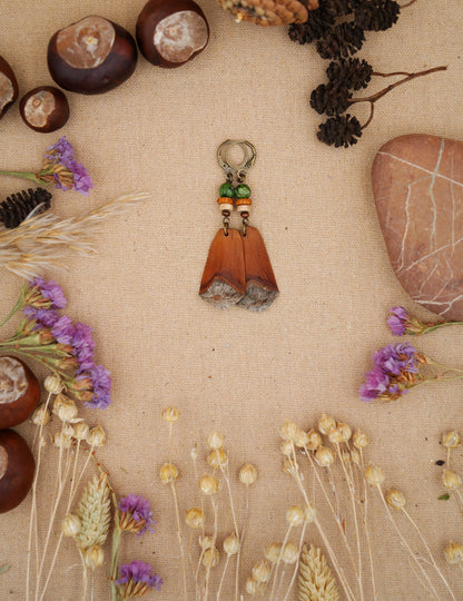 Pine Cone Scale Earrings with Green & Orange Beads – view 6