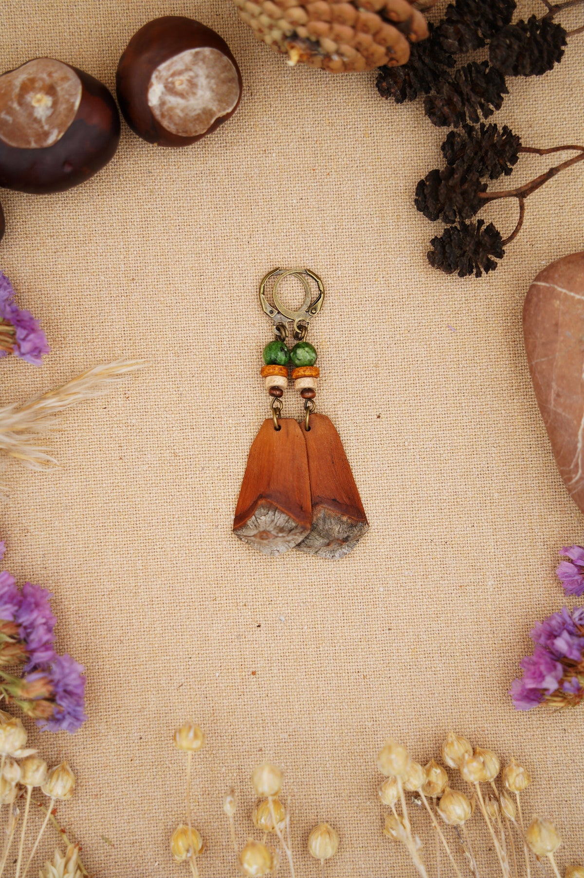 Pine Cone Scale Earrings with Green & Orange Beads – view 9
