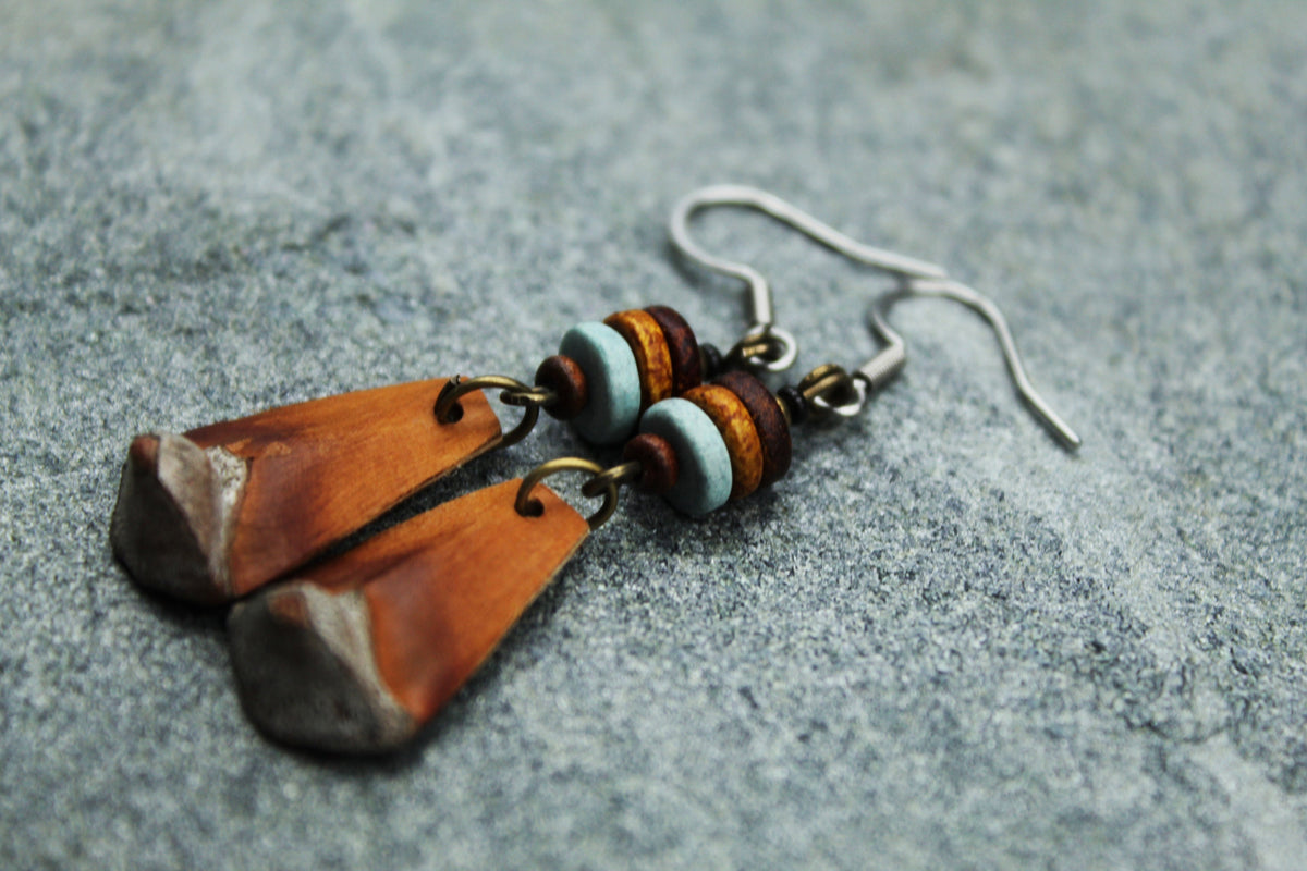 Pine Cone Scale Earrings with Light Blue Beads – Silver Hooks