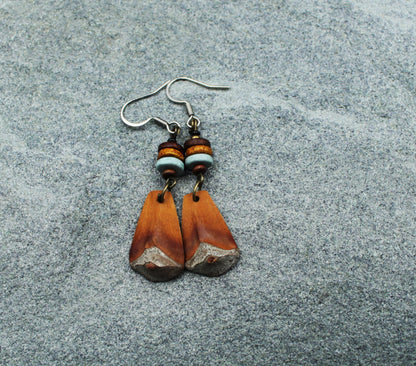 Pine Cone Scale Earrings with Light Blue Beads – Silver Hooks – view 2