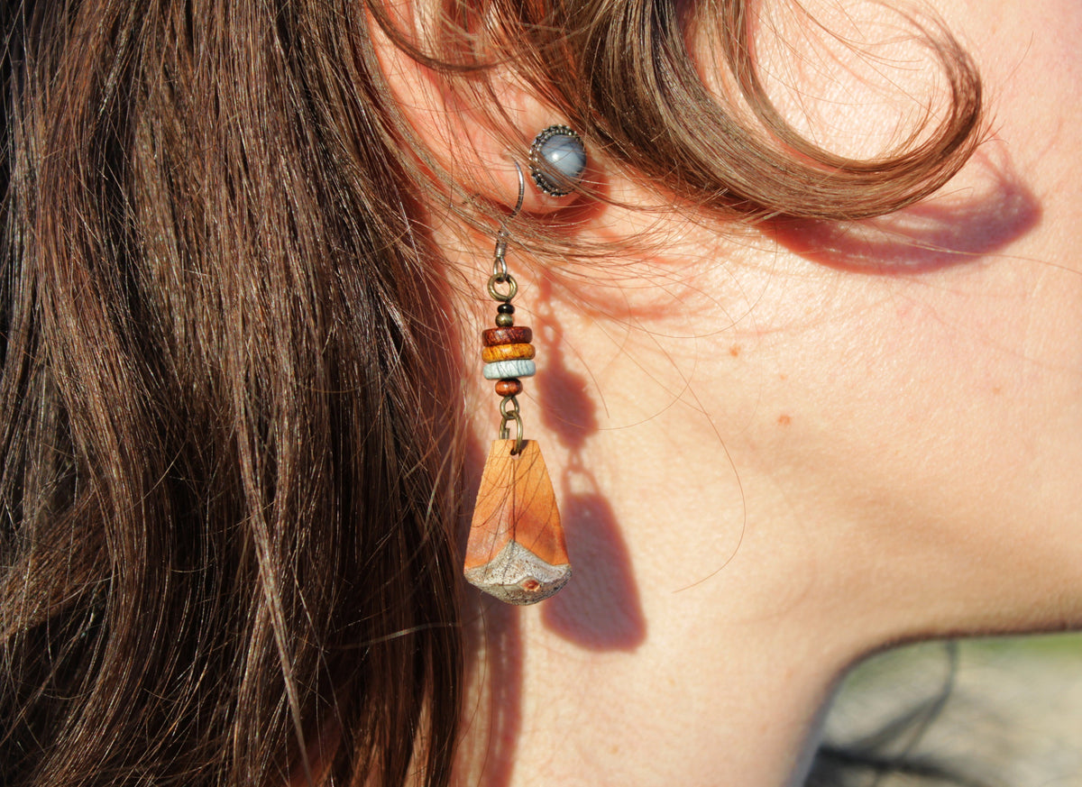 Pine Cone Scale Earrings with Light Blue Beads – Silver Hooks – view 3