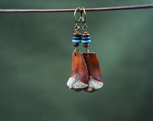 Pine Cone Scale Earrings with Turquoise and Black Beads – Wooden Jewellery – view 2