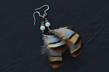 Small Pheasant Feather Earrings in Blue-Grey & Ochre – Ethnic Style