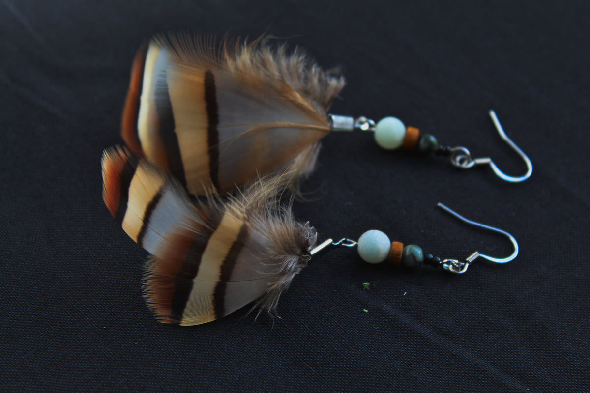 Small Pheasant Feather Earrings in Blue-Grey & Ochre – Ethnic Style – view 2
