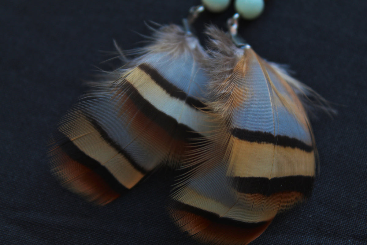 Small Pheasant Feather Earrings in Blue-Grey & Ochre – Ethnic Style – view 4