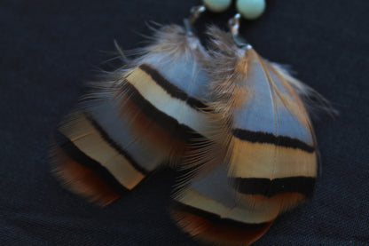 Small Pheasant Feather Earrings in Blue-Grey & Ochre – Ethnic Style – view 4