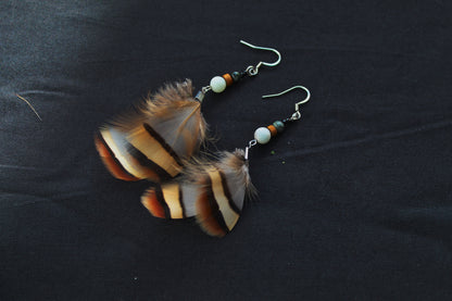 Small Pheasant Feather Earrings in Blue-Grey & Ochre – Ethnic Style – view 5