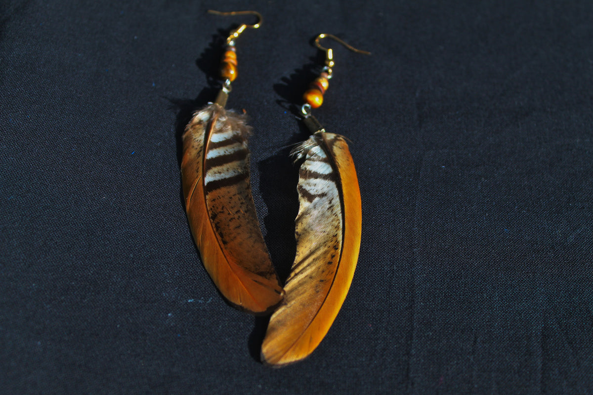 Reeves's Pheasant Feather Earrings with Tiger's Eye & Jasper – Orange-Yellow, 8–10 cm