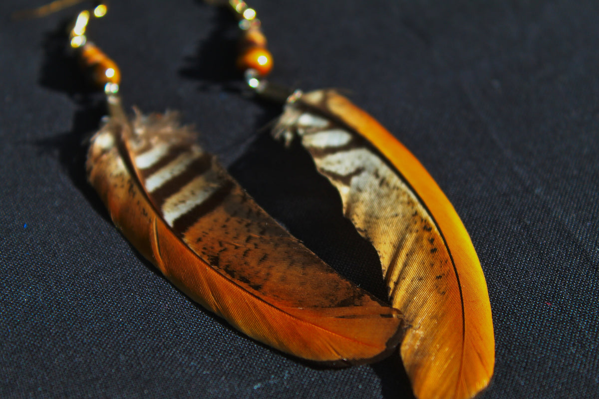 Reeves's Pheasant Feather Earrings with Tiger's Eye & Jasper – Orange-Yellow, 8–10 cm – view 2