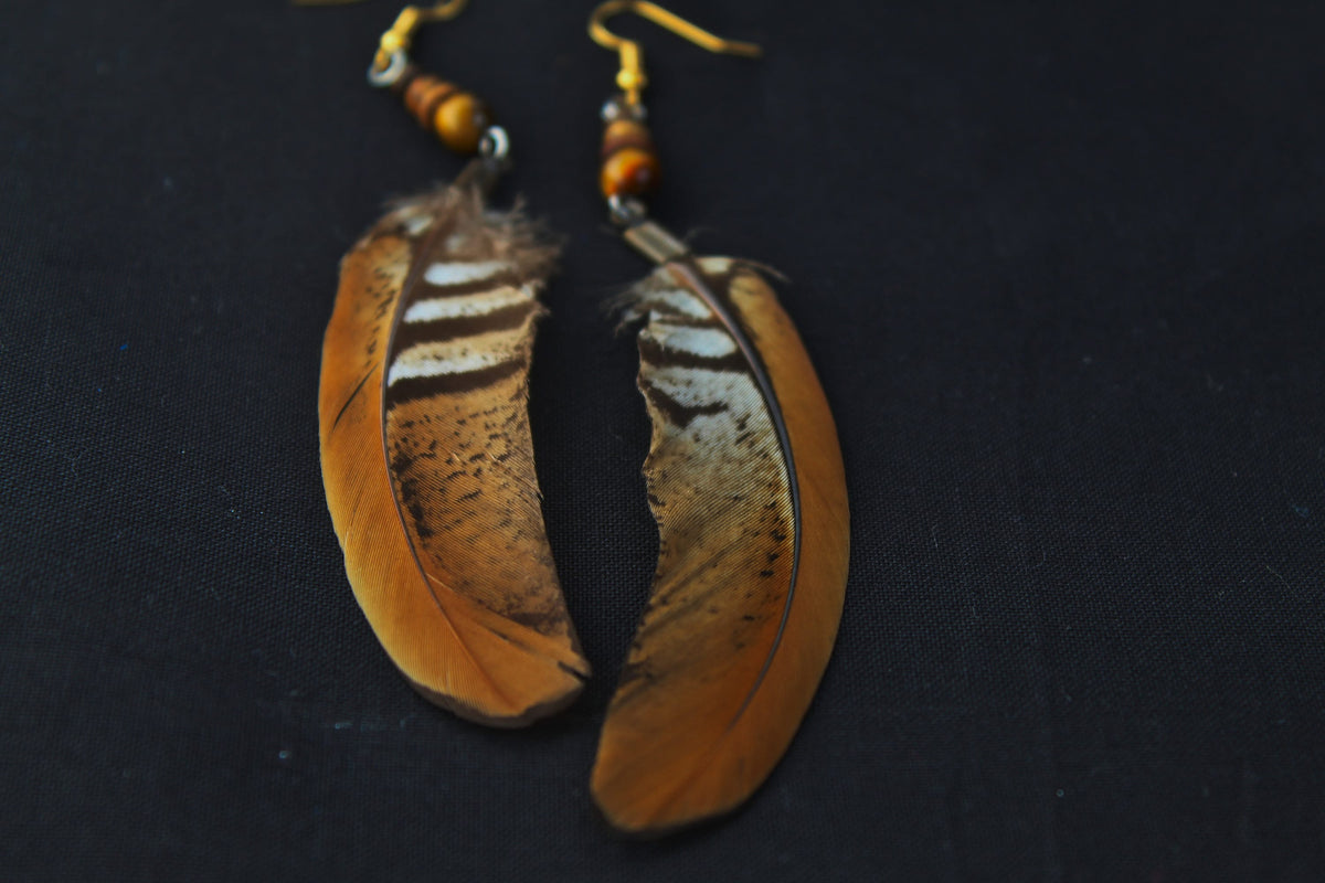 Reeves's Pheasant Feather Earrings with Tiger's Eye & Jasper – Orange-Yellow, 8–10 cm – view 4