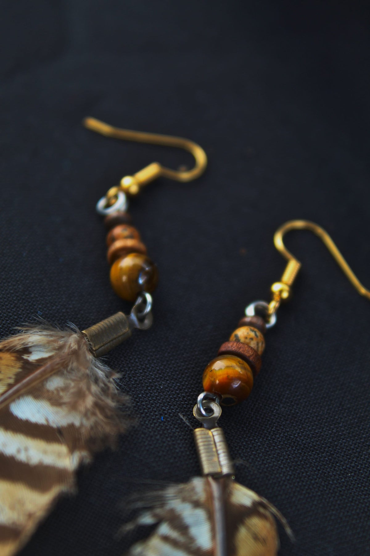 Reeves's Pheasant Feather Earrings with Tiger's Eye & Jasper – Orange-Yellow, 8–10 cm – view 5