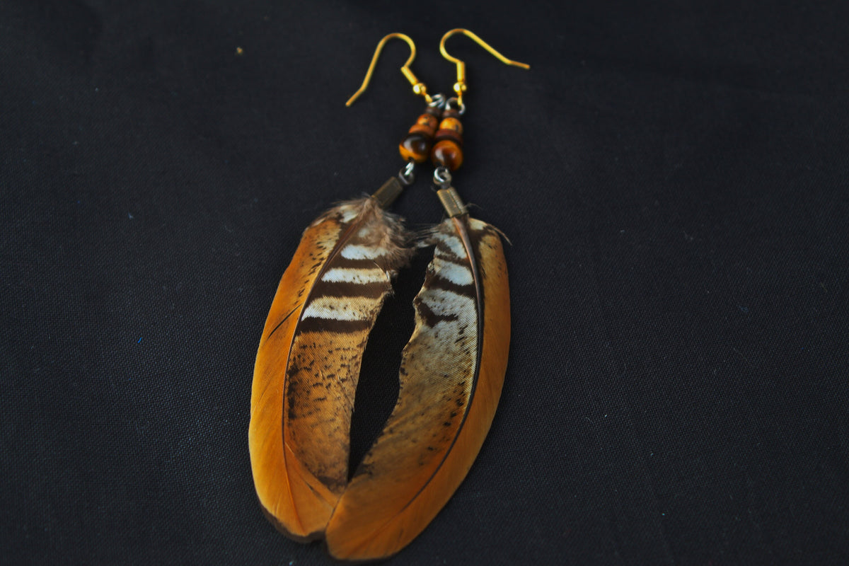 Reeves's Pheasant Feather Earrings with Tiger's Eye & Jasper – Orange-Yellow, 8–10 cm – view 7