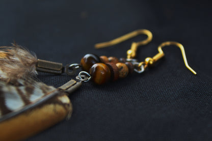 Reeves's Pheasant Feather Earrings with Tiger's Eye & Jasper – Orange-Yellow, 8–10 cm – view 8