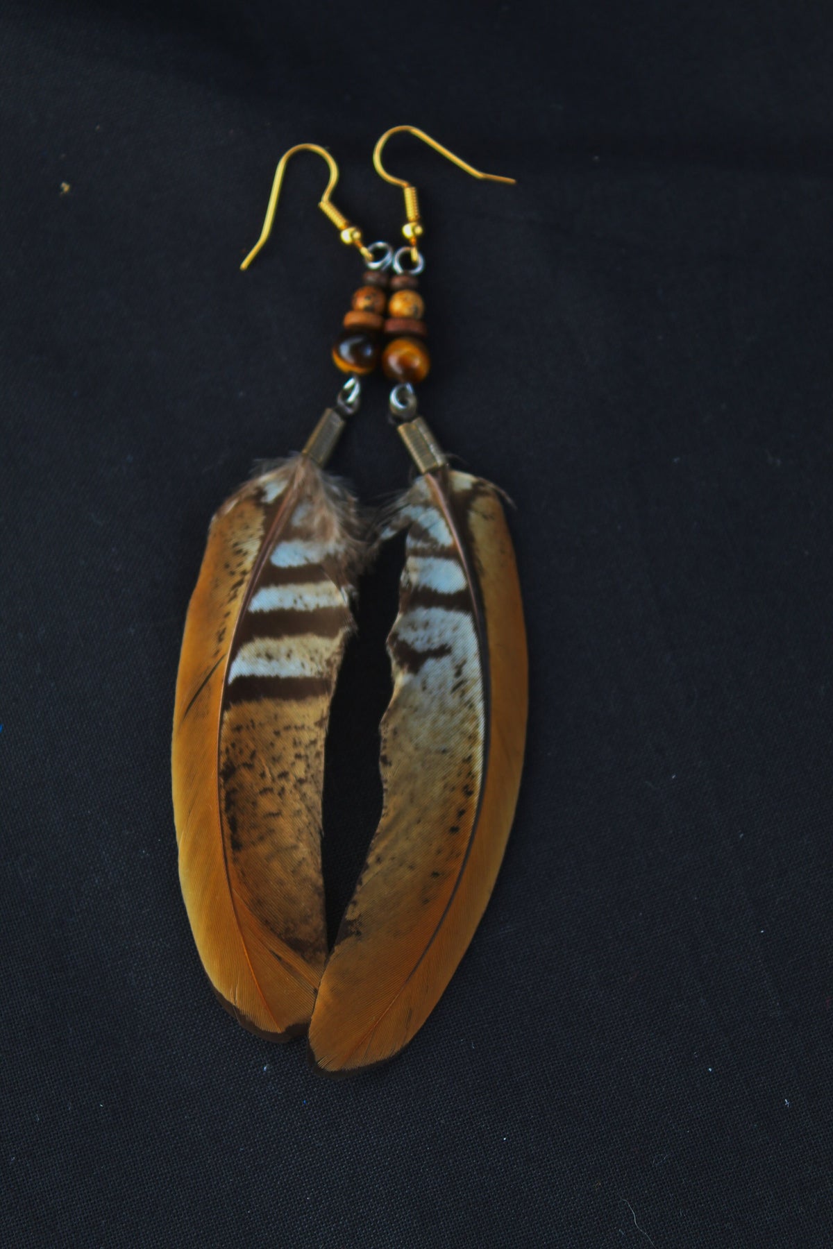 Reeves's Pheasant Feather Earrings with Tiger's Eye & Jasper – Orange-Yellow, 8–10 cm – view 9