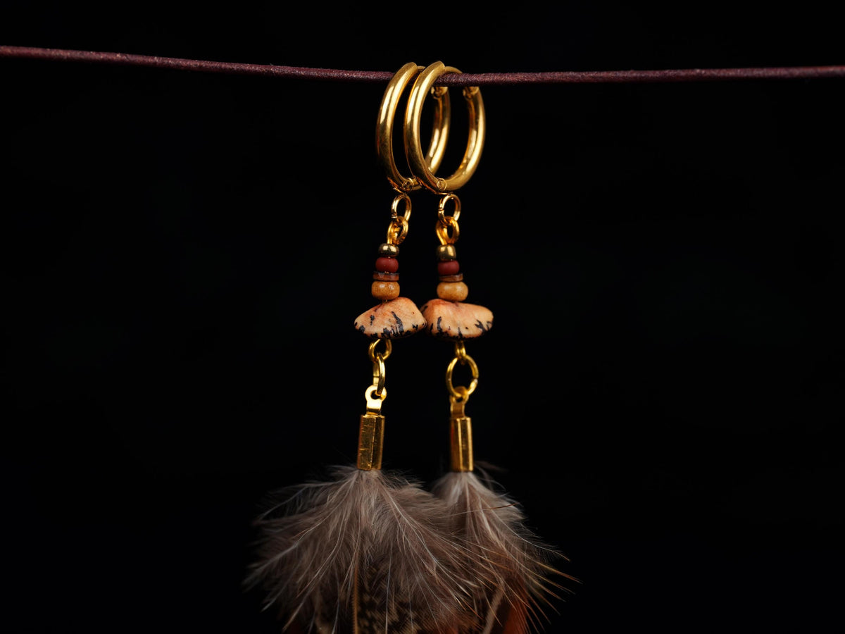 Lange Federohrringe in Braun & Gold – Gänsefeder, Wildfasan & Betelnuss – Bild 3
